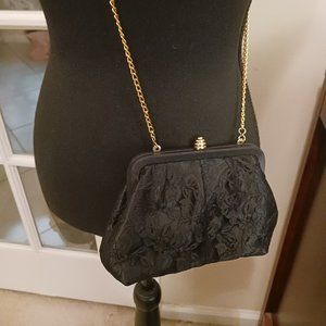 Stunning Vintage Black Lace Beehive Clasp Evening Bag With Satin Trim